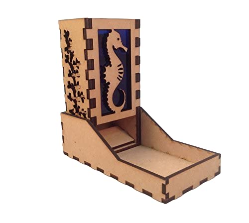Seahorse Mini Dice Tower v1 Dark Blue Acrylic Window Laser Cut MDF Unique Fast Shipping