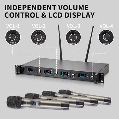 Wireless Microphone System, 4-Channel UHF Wireless Mic, Fixed Frequency Metal Cordless Mic with 4 Handheld Dynamic Microphones, 200ft Range, Mics for Singing, Church (4 Handheld) - size: 4 Handheld
