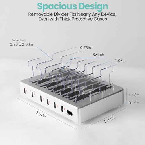 300W Fast Charging Station for Multiple Devices, 6 Port USB Charging Hub, Universal Desktop Charger Organizer Compatible with iPhone iPad Android Phones Tablets Kindle Home Office Travel