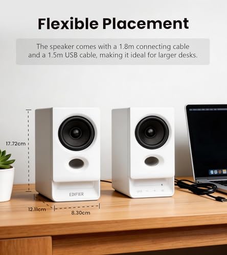 Edifier R20BT Computer Speakers, Touch Controls, AUX & USB-C Inputs, White | 2.75" Full-Range Drivers, Bluetooth 6.0, Headphone Jack, Custom Ambient Light & Sound Profiles via APP - color: White