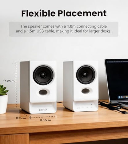 Edifier R20BT Computer Speakers, Touch Controls, AUX & USB-C Inputs, White | 2.75" Full-Range Drivers, Bluetooth 6.0, Headphone Jack, Custom Ambient Light & Sound Profiles via APP - color: White