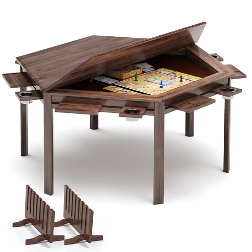 Board Game Table, 59" Hexagon Gaming Table with Removable Table Top & Storage Rack for 6 Players, Includes Detachable Cup Holders and Trays for Dining, Card, DND, Poker in Walnut - size: Hex w/Storage Rack