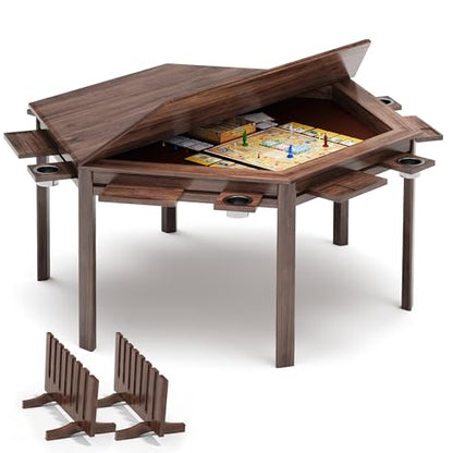 Board Game Table, 59" Hexagon Gaming Table with Removable Table Top & Storage Rack for 6 Players, Includes Detachable Cup Holders and Trays for Dining, Card, DND, Poker in Walnut - size: Hex w/Storage Rack