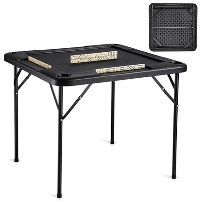 VEVOR Folding Card Table, 4 Player Portable with 4 Cup Holders & Chip Trays, Mahjong Domino Game Set, 35.4 x 35.4-inch, Black - color: Black