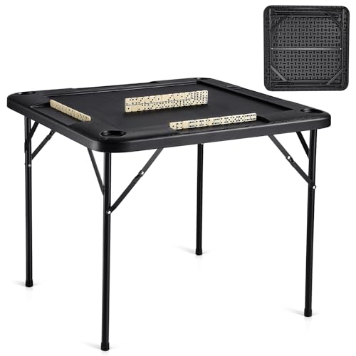 VEVOR Folding Card Table, 4 Player Portable with 4 Cup Holders & Chip Trays, Mahjong Domino Game Set, 35.4 x 35.4-inch, Black - color: Black