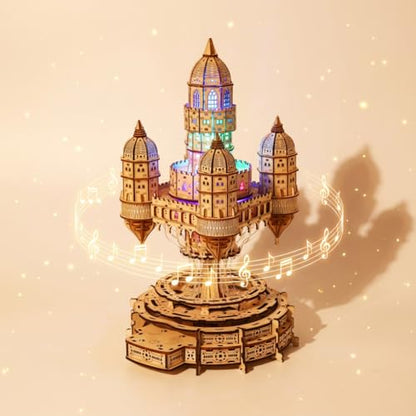 3D Wooden Puzzle for Adults – SkyCity Floating Castle Music Kit with LED Lights & Rotating Mechanism, DIY Mechanical Building Set, Hobbies Puzzle Models for Teens & Collectors - style: SkyCity Floating Castle