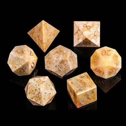 Natura Chrysanthemum Stone Dice Set, 7-Piece Handcrafted Polyhedral Dice with Gold Engraving, Ideal for D&D, RPG, MTG & Tabletop Games, Gift Box Included (Chrysanthemum Stone) - color: Chrysanthemum Stone
