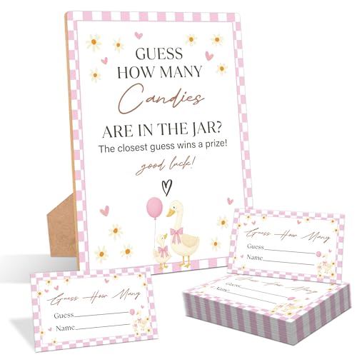 Goose Guess How Many Candies Are In The Jar Game, Pack of 1 Wooden Tabletop Sign with Stand and 50 Guessing Cards, Pink Goose Baby Shower Game, Gender Reveal Party Decorations - KA10 - color: How Many Candies-Pink, size: Pink 5" x 7"