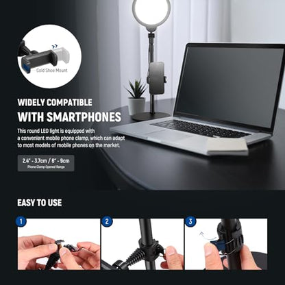 NEEWER Basics 7" Desk Ring Light for Video Recording, 10W Dimmable Full Screen Key Lighting with Stand&Phone Holder for iPhone Computer Laptop Vlog Live Streaming Video Conference, R06