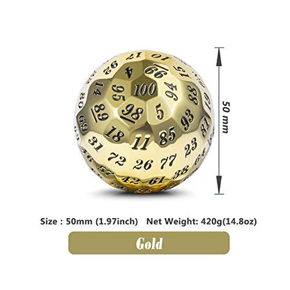 DNDND Sigle Gold Metal D100 Dice, 100 Sided Dice with Metal Case and Velvet Bag (Gold with Black Number) - color: Gold With White Number