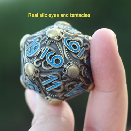 Big Octopus Metal D20 Dice - Solid Antique Bronze Finish with Blue Numbers Die, for Cthulhu Mythos, Tabletop RPGs -DNDWoW BZQB - color: Antique Octopus Dice in Blue Numbers