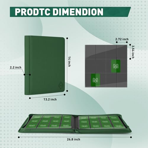 Premium Card Binder 12 Pocket for 720 Pockets Trading Card Binder, PU Zipper Card Collection Album, Sturdy Side-Loading Card Book Holder for MTG, TCG, Game Cards, Sports Cards - color: 12 Deep green