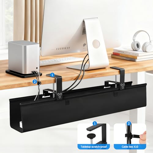 Under Desk Cable Management Tray - Heavy Duty No-Drill Clamp & Screw Mount, 28-Inch Cord Organizer for Home Office, Gaming Setup & Study Room, Holds Power Strip & Large Adapters (Black, 28"L x 5.5"W) - size: 28inch