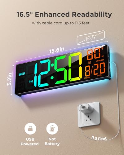 EASYERA 16.5" Large Digital Wall Clock with BT Sync, 11 RGB Lights | 11 Scenes Mode Remote Control, Big LED Clock with Dual Alarms, Auto DST, Temperature for Classroom Gaming - size: 15.98 inches, style: Modern