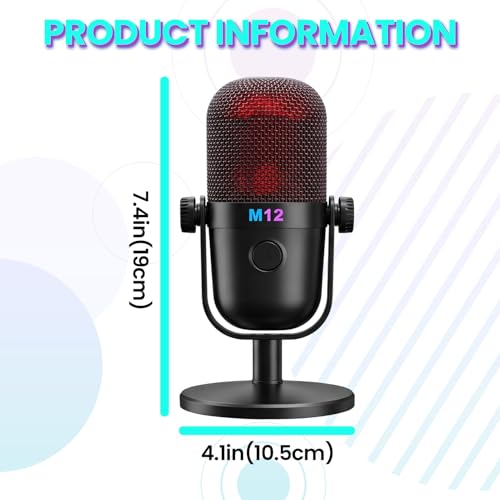 USB Microphone for PC Gaming, Condenser Mic with RGB Gradient, Noise Reduction, Round Stand Desk Podcast Mic for YouTube, Streaming, Podcasting & Recording