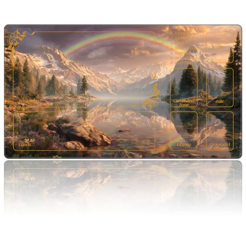DEGDFSGR for MTG Playmat with Zones 24 x 14 inches for TCG Playmats Non-Slip Rubber Base Commander Play Mat for MTG Mat Iorcana Trading Card Game, Mountain Lake Rainbow - color: Mountain Lake Rainbow, size: 24" x 14"