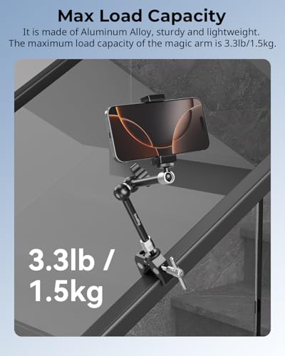 SmallRig Clamp w/ 1/4" and 3/8" Thread Holes, 9.8 Inches Adjustable Friction Power Articulating Magic Arm with Phone Holder for Action Cameras, Smartphones, LCD Monitor/LED Lights - 5326 - size: 9.8''+phone clamp