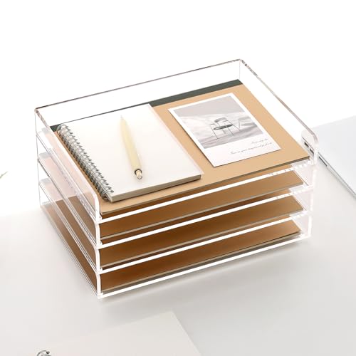 SANRUI 4 Tier Clear Desk Paper Letter Organizer Trays, A4 Stackable File Document Tray, Acrylic Desk Organizers and Accessories Sorter, Workspace Office Supplies Organizers,12.4inx8.86inx6.64in - style: Thin 4 Tier Trays