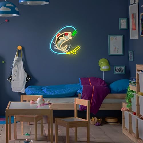 Fishing Neon Sign, Gone Fishing Led Neon Sign Light for Wall Decor Fish Hook Man Cave Light Up Sign Party Decorations for Gear Store Angler Teen Boy Dad Gift Dimmable USB Powered(13.8"*10.6") - style: Fishing