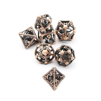 DND Dice Set,3D Hollow Dragon Metal 7-Die,Antique Red Copper | copper construction,68g balanced weight,engraved numbers,gift box and velvet bag for DND RPG play - color: 3d-copper