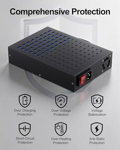 112-Port 800W USB Charging Station, USB C Charger for Multiple Devices, Multi Port Desktop Charging Hub with Smart IC Protection, Ideal for Co-Working Spaces, Libraries, Restaurants & Schools
