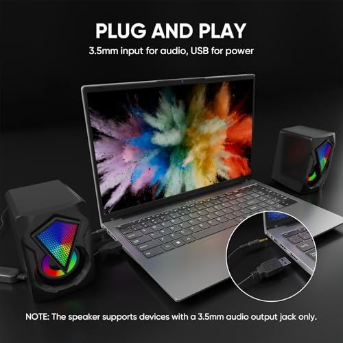Computer Speakers for Desktop, USB Powered Stereo Speakers with RGB Lights | Rich Stereo Sound, Colorful RGB Lighting, Compact Design, Simple Volume Control, and Plug-and-Play Setup for Laptop Monitor