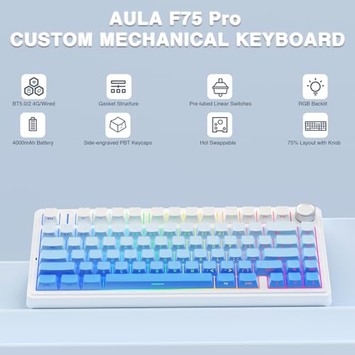 AULA F75 Pro Wireless Mechanical Keyboard,75% Hot Swappable Custom Keyboard,RGB Backlit,Pre-lubed Linear Switches,Side Printed PBT Keycaps Mechanical Gaming Keyboards,Gradient Blue - color: F75 Pro-Gradient Blue