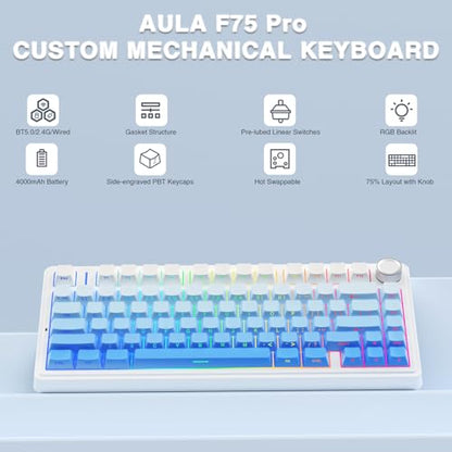 AULA F75 Pro Wireless Mechanical Keyboard,75% Hot Swappable Custom Keyboard,RGB Backlit,Pre-lubed Linear Switches,Side Printed PBT Keycaps Mechanical Gaming Keyboards,Gradient Blue - color: F75 Pro-Gradient Blue