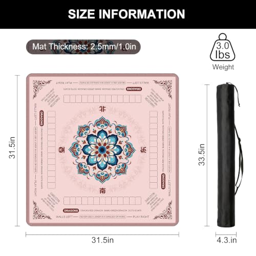 Pink Mahjong Mat for Table with Rules, 31.5" x 31.5" Noise Reduction Non Slip Waterproof Mah Jong Table Mat with Carrying Bag, Suitable for Mahjong, Poker, Board Games, Dominoes, and Card Games - color: Pink