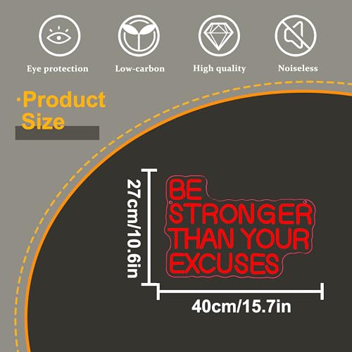 Allball Be Stronger Than Your Excuses Neon Sign, Gym Neon Light Motivational Sign USB Powered LED Dimmable, for Gym Office Classroom Bedroom Bar Gymnastic Athletes Sign(15.7 * 10.6 In) - color: Red4
