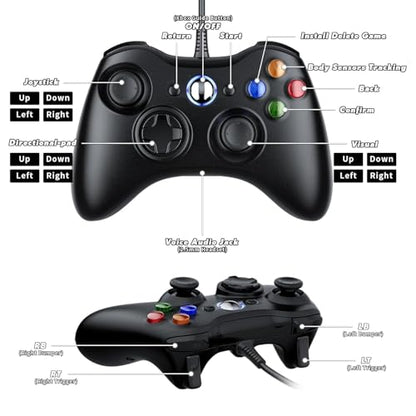 Dinosoo 2 Pack Wired Xbox 360 Controller – Upgraded Joystick, Double Shock, Voice Function – Compatible with Microsoft Xbox 360 & Slim/PC – Black - color: Black