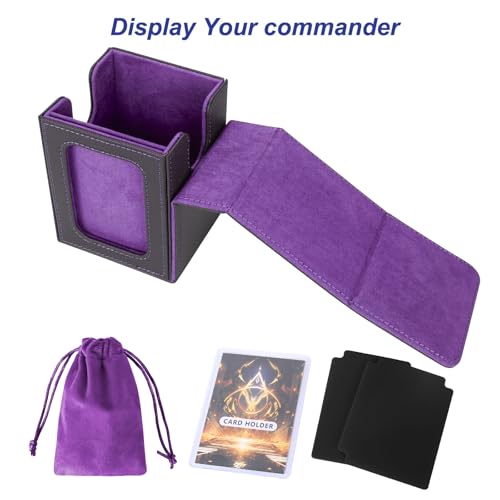 AFIING MTG Deck Box for Commander Display,Card Deck Box Fits 100 Double Sleeved Cards, Magic Commander TCG Card Storage Box with 2 Dividers,Drawstring Bag and 1 Toploader(Black/Purple) - color: Commander Black Purple