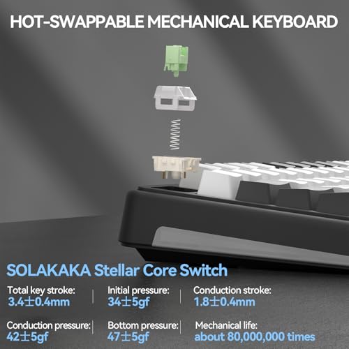 SOLAKAKA A75 PRO Black Gaming Keyboard 75% Wireless Mechanical with Screen and Knob, RGB Backlit Hot Swappable Gasket Pre-lubed PBT Keycaps for PC/Mac/Win - color: BlackBluewhite