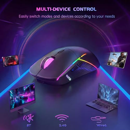 FFJ Wireless Gaming Mouse, 24000 DPI, Rechargeable Gaming Mice for PC, Mac | Tri-Mode 2.4G/USB-C/Bluetooth 5.3 Gaming Mouse Wireless, RGB Programmable Mouse Gamer, 75Hrs Battery Life, Black