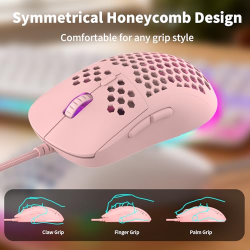 MR.FOX M1 Ultralight Honeycomb Gaming Mouse Wired, 75g Lightweight, 12,800 DPI Optical Sensor, RGB Lighting with Music Sync, 6 Programmable Buttons, Braided Cable, Gaming Mouse for PC/Mac, Pink - color: Pink