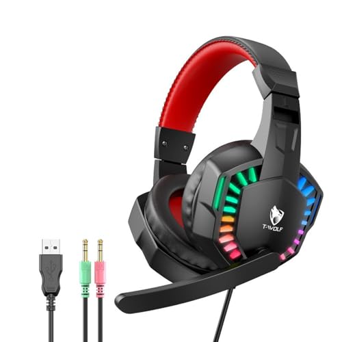 Stereo Gaming Headset for PS4 PC Xbox One PS5 Controller, Noise Cancelling Over Ear Headphones with Mic, LED Light, 7.1 Surround Sound, Soft Memory Earmuffs for Nintendo Xbox Series