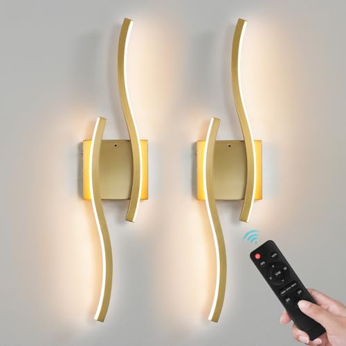 Gold Battery Operated Wall Sconces: 23.6 Inch Rechargeable Wall Sconce Set of 2 with Remote Control/3 Colors/10-100% Dimming/Timer, Modern Wall Light for Bedroom Living Room Hallway Bathroom, 2 Pcs - color: Gold, size: 23.6 Inch