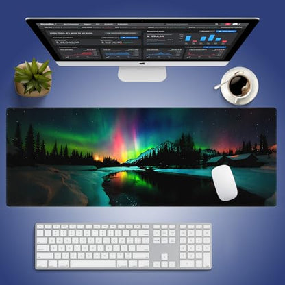 Extra Large Gaming & Office Mouse Pad (31.5" x 11.8") – Aurora Borealis Over Winter Landscape Snow Mountains & Calm Lake & Captivating Night Sky, XXL Desk Mat with Durable Stitched Edges | Calm Lake Captivating Night Sky, Nature Dark Forest, 31.5" x 11.8"