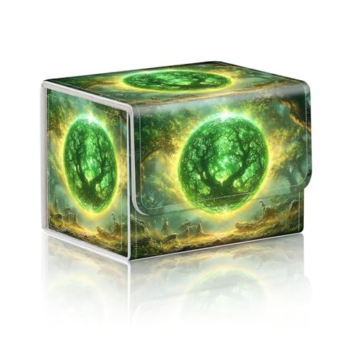 Trading Card Storage Box, Holds 100+ for MTG Cards, PU Leather with Magnetic Closure, Glowing Green World Tree in Forest Durable Deck Box for Magic the Gathering, Trading Card Games - color: Glowing Green World Tree in Forest