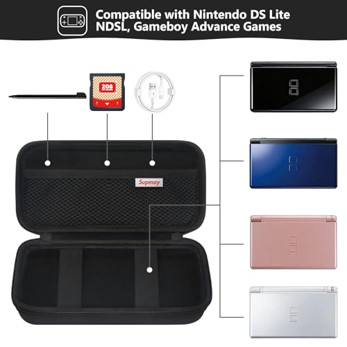 Supmay Hard Carrying Case Compatible with Nintendo DS Lite NDSL, Gameboy Advance Games Storage Holder Travel Bag with Mesh Pocket for USB Charging Cable, Stylus, Earphones, Game Cartridge, Black - color: Black+Black