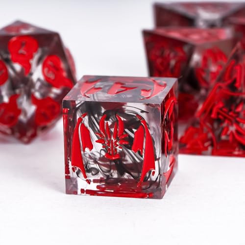 Cusdie 7-Piece Sharp Edges DND Dice Set with Dragon Pattern - Perfect for Tabletop RPGs Board Games Gifting and Collecting(Transparent Red with Balck Smoke) - color: Dragon Pattern Tr/R