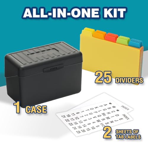 H4D Index Card Holder 3x5 Inches with 25 Plastic Dividers, Black - color: Black, size: 3x5 inch