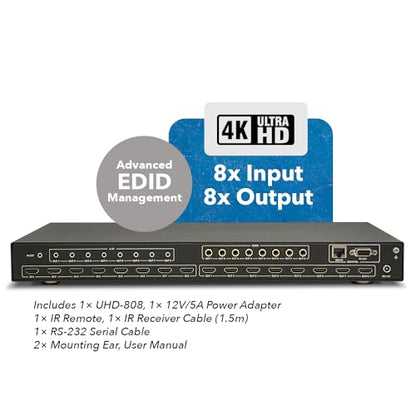 OREI 8x8 HDMI Matrix Switch – 4K@60Hz Audio Extraction, EDID, ARC, HDCP 2.2 | 8x8 HDMI Matrix Switch, 4K60, 18Gbps, ARC, 4K Downscaler, Analog & Coax Audio Extraction, EDID, HDR - size: 8x8 Matrix