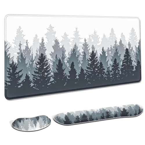 Auhoahsil Large Mouse Pad with Wrist Rests for Keyboard & Mouse, Thick Soft Ergonomic Memory Foam Wrist Supports, Big & Long Desk Mat 35.5 x 15.7 in, for Office Gaming Computer, Misty Forest - color: Ink Painting Misty Forest