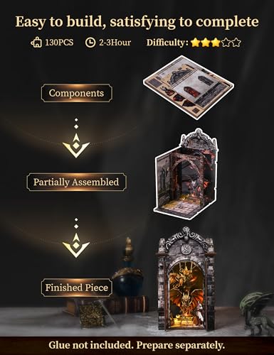 Book Nook Kit for Adults, Dragon Lair DIY Miniature House Kit, Dark Fantasy Tiny House with Knight & Treasure, 3D Puzzles for Adults, Castle Bookshelf Decor