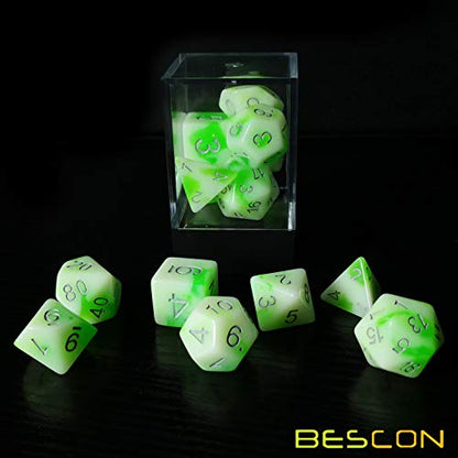 Bescon Glowing Polyhedral RPG Dice Set Luminous Jade, Bescon Glow in Dark Poly Dice Set of 7, DND Role Playing Game Dice - color: Luminous Jade