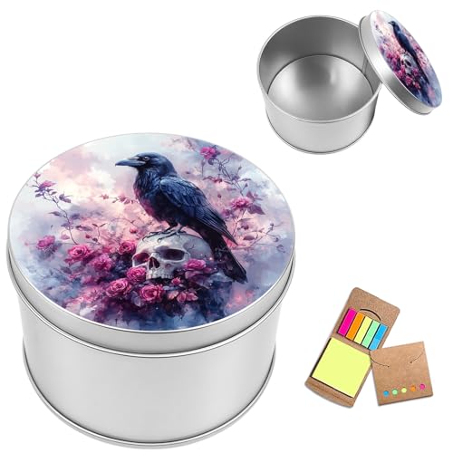 Metal Round Storage Containers Box with Lid, Metal Tins Organizer Box for Earring Jewelry Craft Trinket Keys Watch, Gothic Raven Design Decorative Storage Case with Notepad - color: Gothic Raven