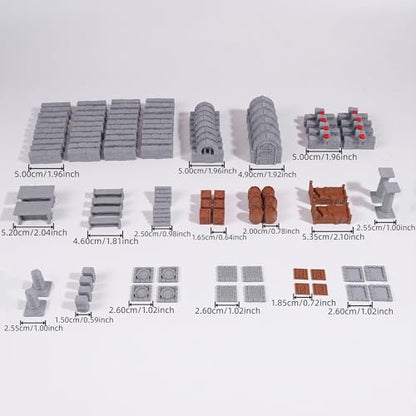 Modular Dungeon Stone Wall Terrain Set - 28mm Miniatures Scenery with Walls, Doors, Barrels, Crates Beds and So On for Tabletop Rpgs, Fantasy Wargames and Board Games (AMF01 A)