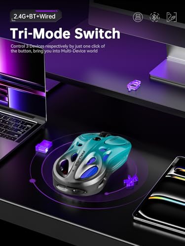 FMOUSE Wireless Mouse Tri-Mode 2.4G & Dual Bluetooth & Wired, Hollow RGB, 65g, 4800 DPI, USB-C Rechargeable, Gaming & Office, for Mac Laptop iPad PC – Turquoise & Gray - color: Turquoise and Gray Gradient