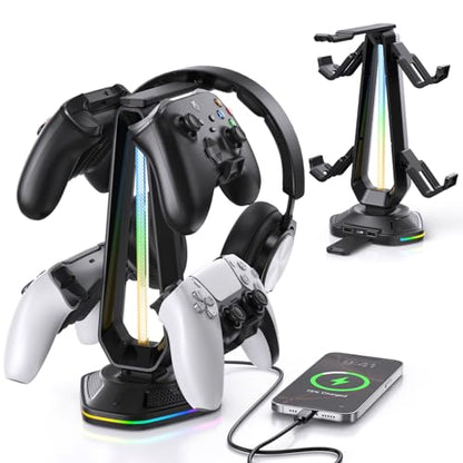 Luckit Gaming Headphones Stand, RGB Headset Stand with 12 Light Modes, Controller Holder with 2 USB Charging Ports - Supports Data Transfer, Earphone Hanger Accessories for Desktop Gamer